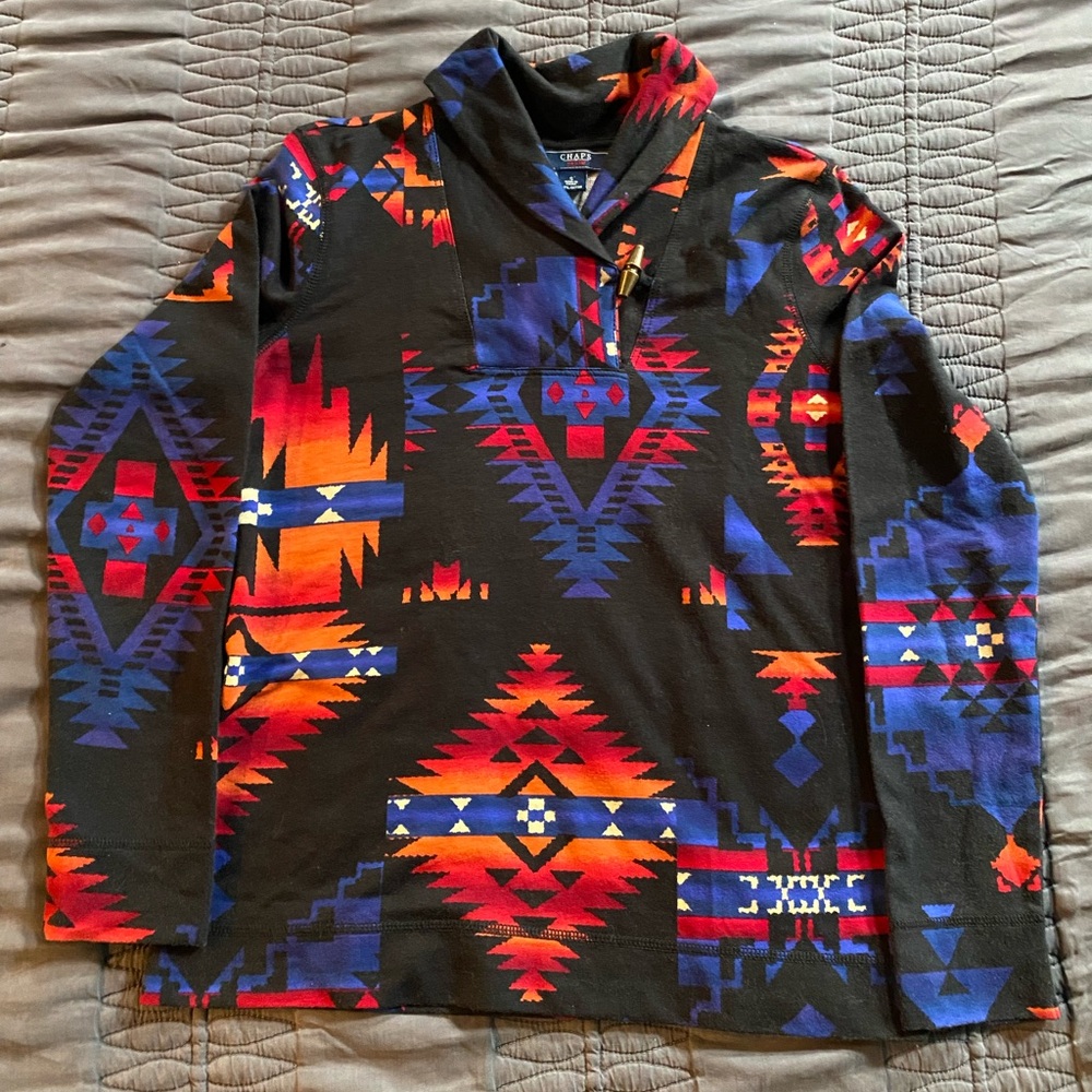 Chaps Black and Multicolor Aztec Geometric Pullover